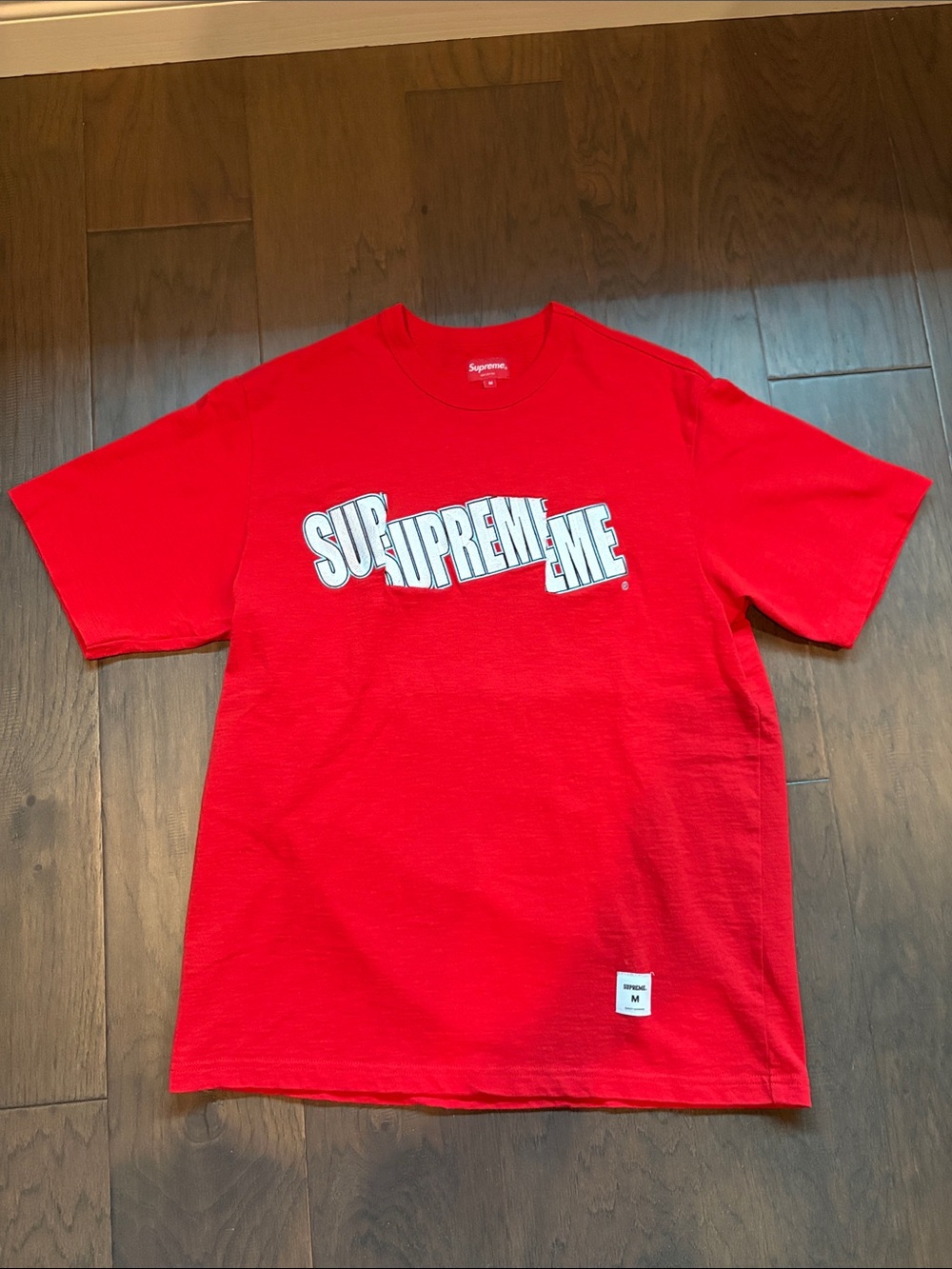 Supreme Red Crewneck T-Shirt with White Distorted Logo